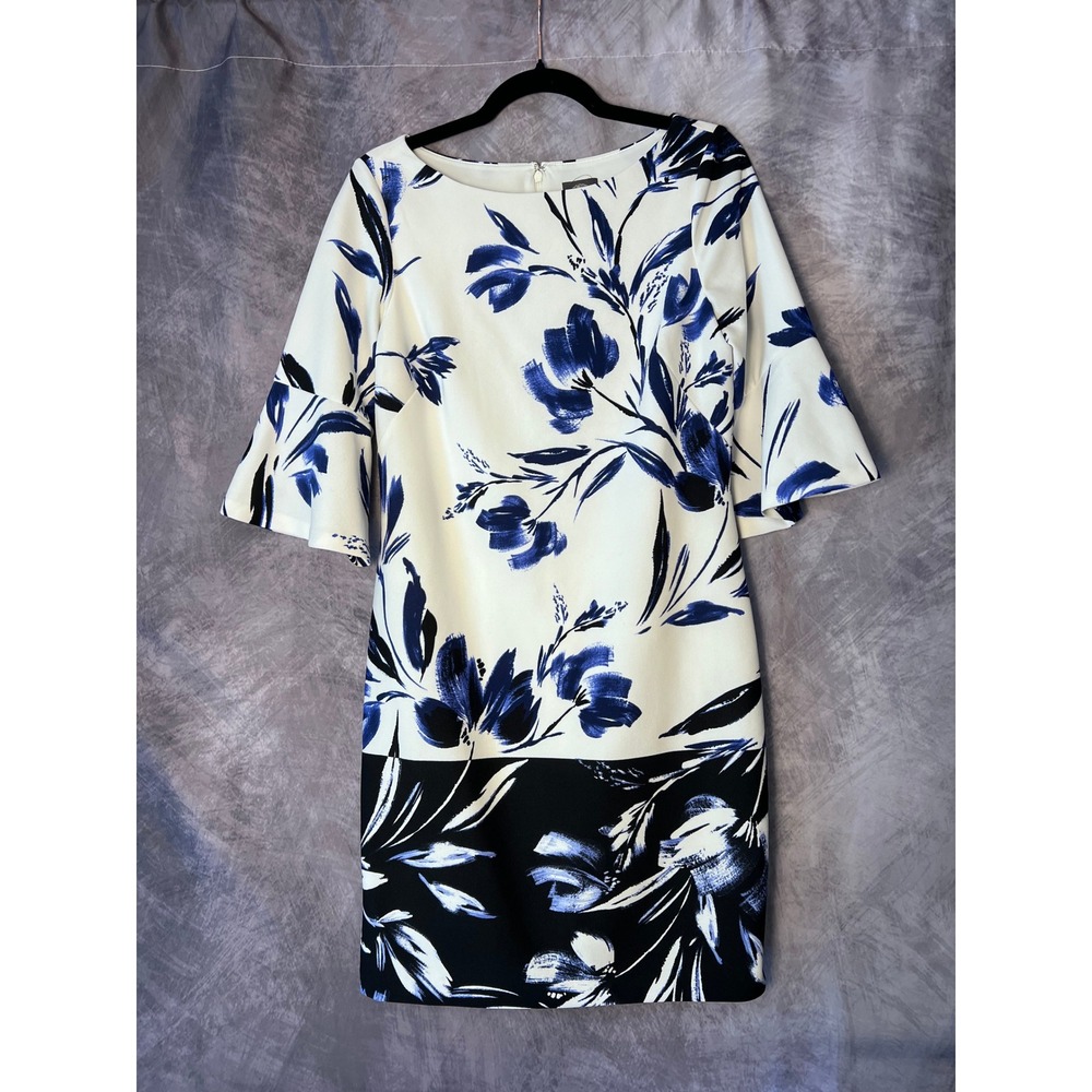 Vince Camuto Floral Colorblock Sheath Dress Bell Sleeve Blue White Black Size 8